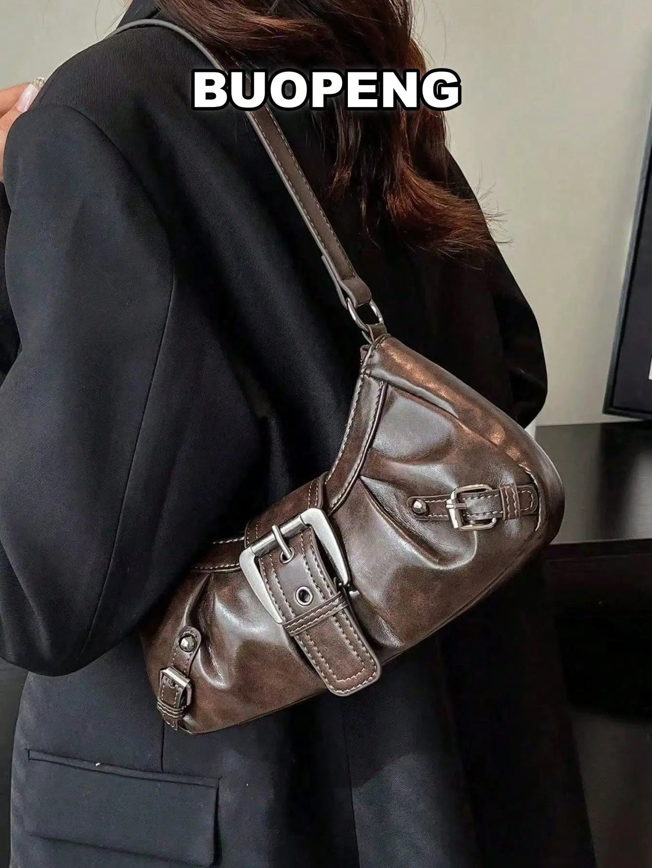 Vintage-Style Saddle Crossbody Bag with Buckle Detail, Soft Faux Leather, Adjustable Strap