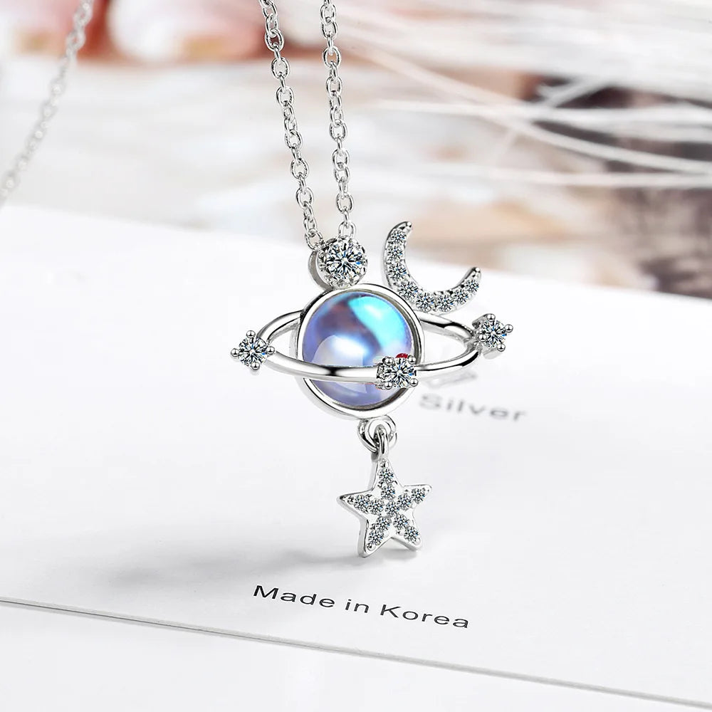 S925 Sterling Silver Gradient Moonstone Star Moon Universe Diamond Zircon Women's Clavicle Pendant Necklace (40cm+3.5cm)