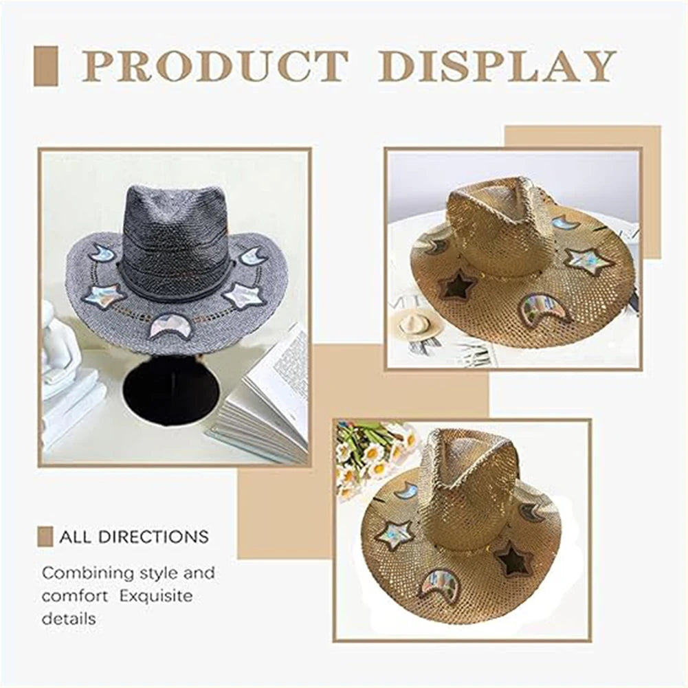 Straw Beach Sun Hat Cowgirl Hat Shaped Vintage Summer Woven Sun Hat