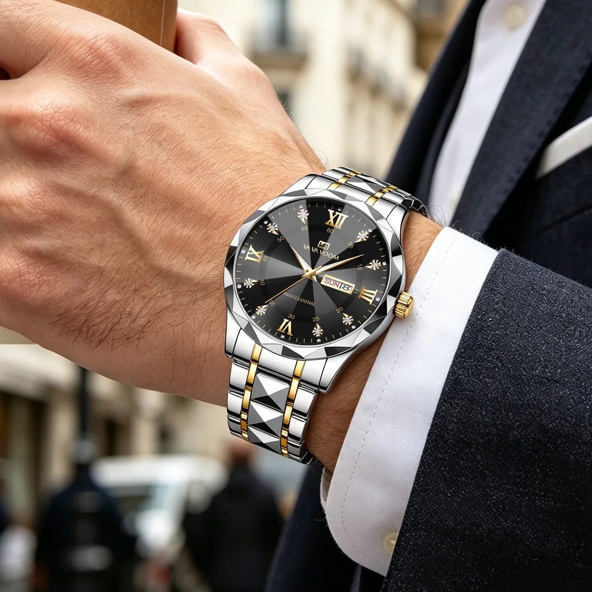 VA VA Voom Top Brand Quartz Men Two-Color Stainless Steel Luxury Rhinestone 41mm Black Dial 3Bar Waterproof Sports Watch for Men