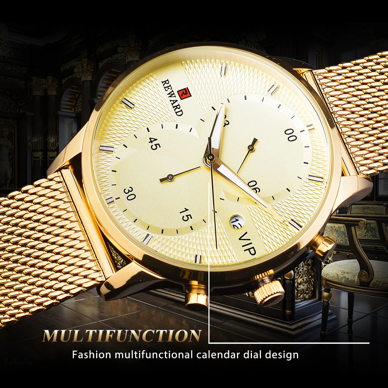 REWARD Classic Gold Wrist Watches For Top Brand Luxury Business Date Waterproof Luminous Stainless Steel Men Quartz Wristwatch