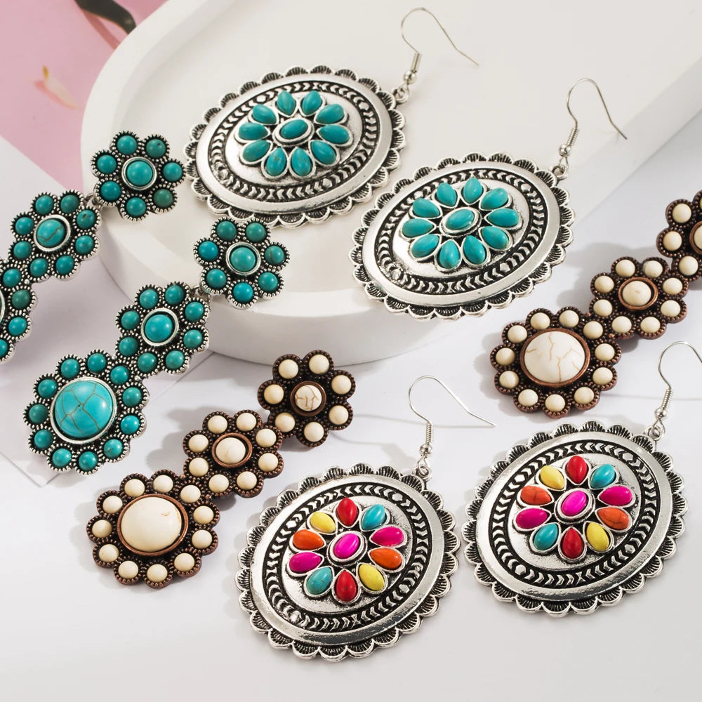 European and American Exaggerated Turquoise Earrings, Retro and Fashionable New Geometric Multi-layer Long Earrings Wholesale mbzr