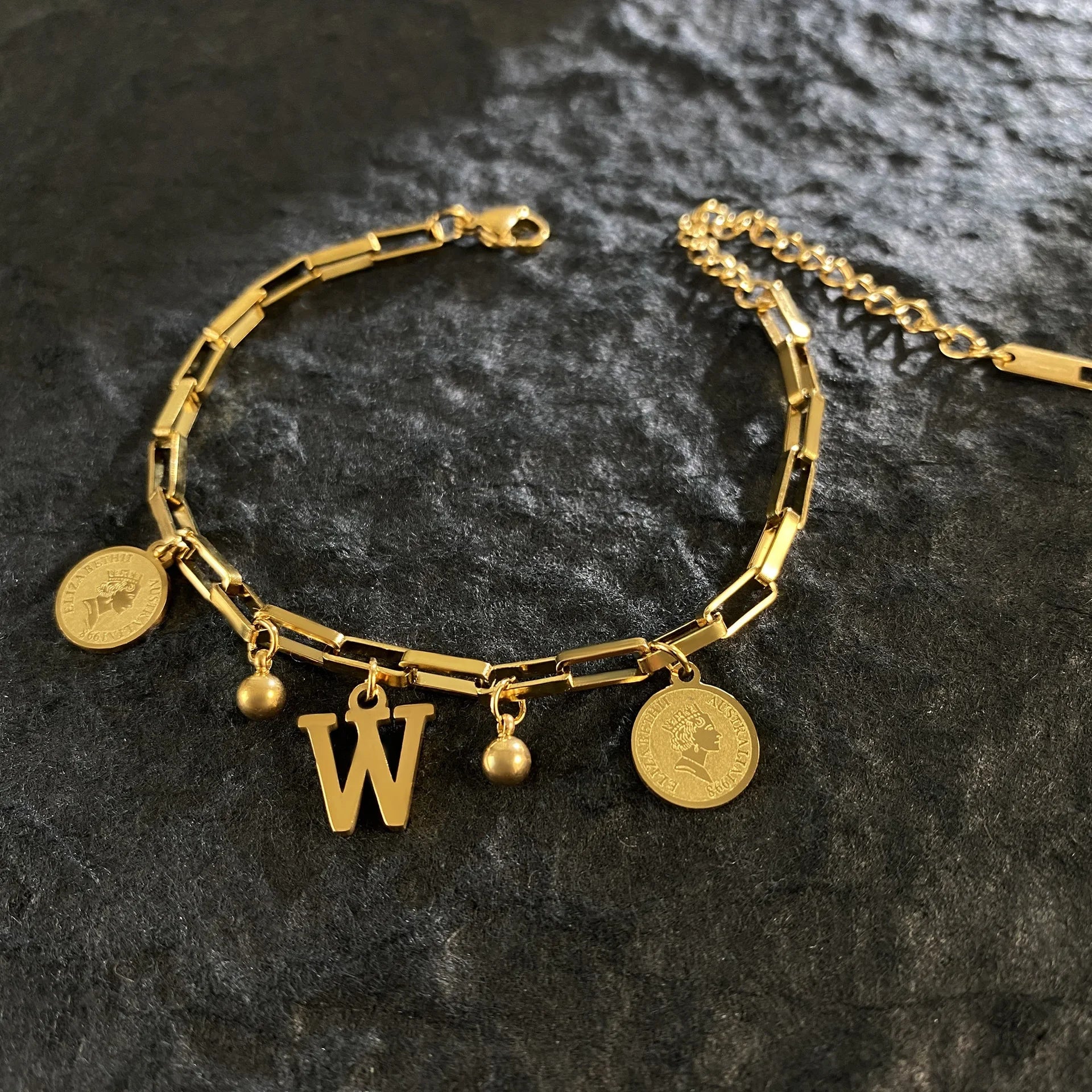 1pc Queen Coin Letter plated Stainless Steel Bracelet for Women Small Bell Pendant Adjustable Bracelet Classic Jewelry Gift