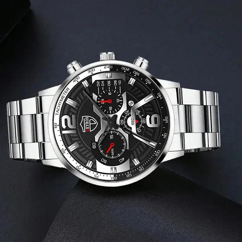 5PCS Set DEYROS Fashion Mens Calendar Watches Men Business Stainless Steel Quartz Wristwatch Male Casual Necklace Bracelet Watch mbzr