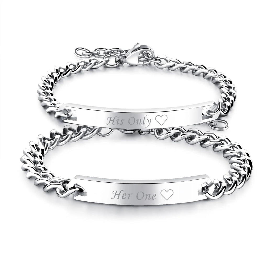 2pcs Couples Men Women Polish Stainless Steel "His Only""Her One" Bracelet Chain