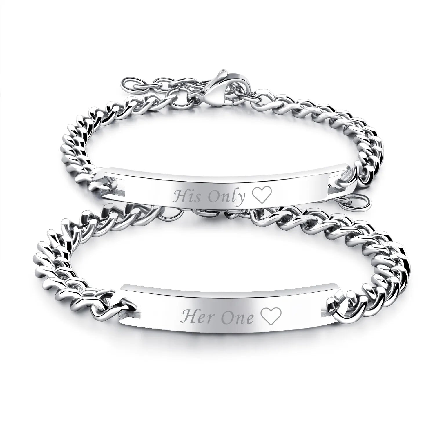 2pcs Couples Men Women Polish Stainless Steel "His Only""Her One" Bracelet Chain