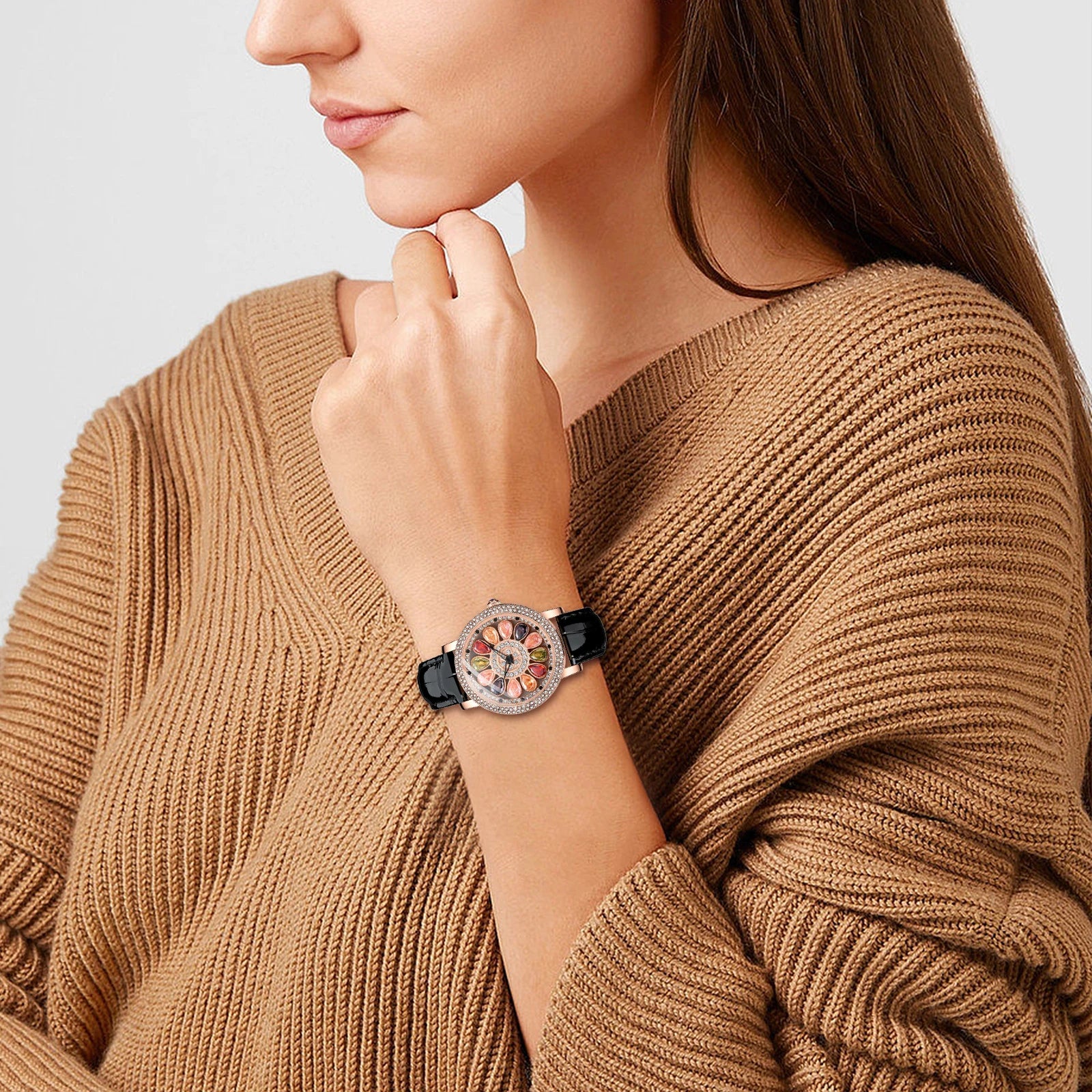 LANCARDO Crystal Diamond Leather Waterproof Watch Quartz Crystal Rotary Decompress Rhinestone Case Women's Home Business Casual