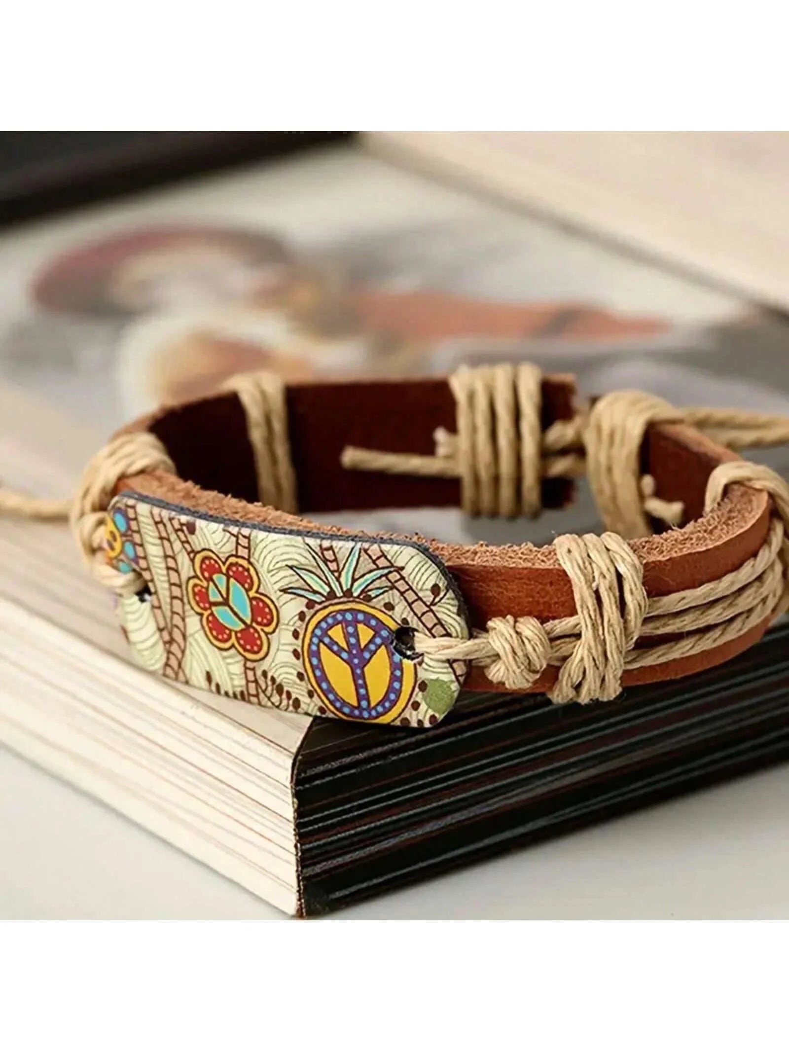 Vintage Style Hot Paint Peace Sign PU Leather Bracelet Woven Bracelet