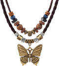 Boho Necklace for Women,Vintage Butterfly Pendant Necklaces,Adjustable Wooden Beads Layered Braided Choker,Fashion Tribal Style Leather Rope Necklace Jewelry,Chunky Statement Gift for Women
