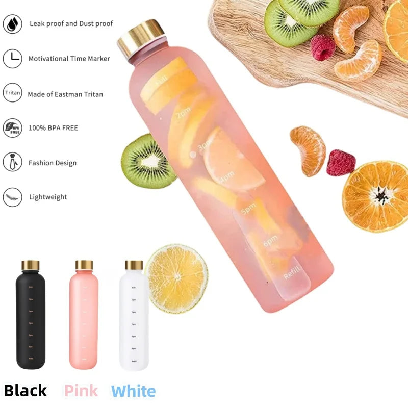 1000ML Bottle With Time Marker Motivational Reusable Fitness Sports Outdoors Travel Cycling Leakproof BPA Free Frosted Bottle mbzr
