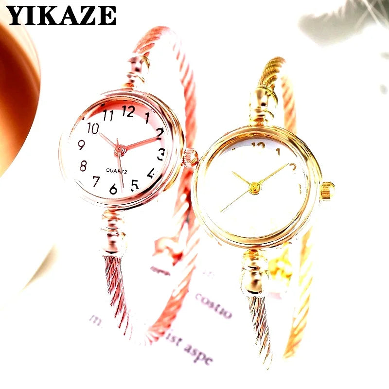 YIKAZE Women Watches Small Gold Bangle Bracelet Watch Stainless Steel Retro Ladies Quartz Wristwatch Clock Fashion Dress Watch mbzr