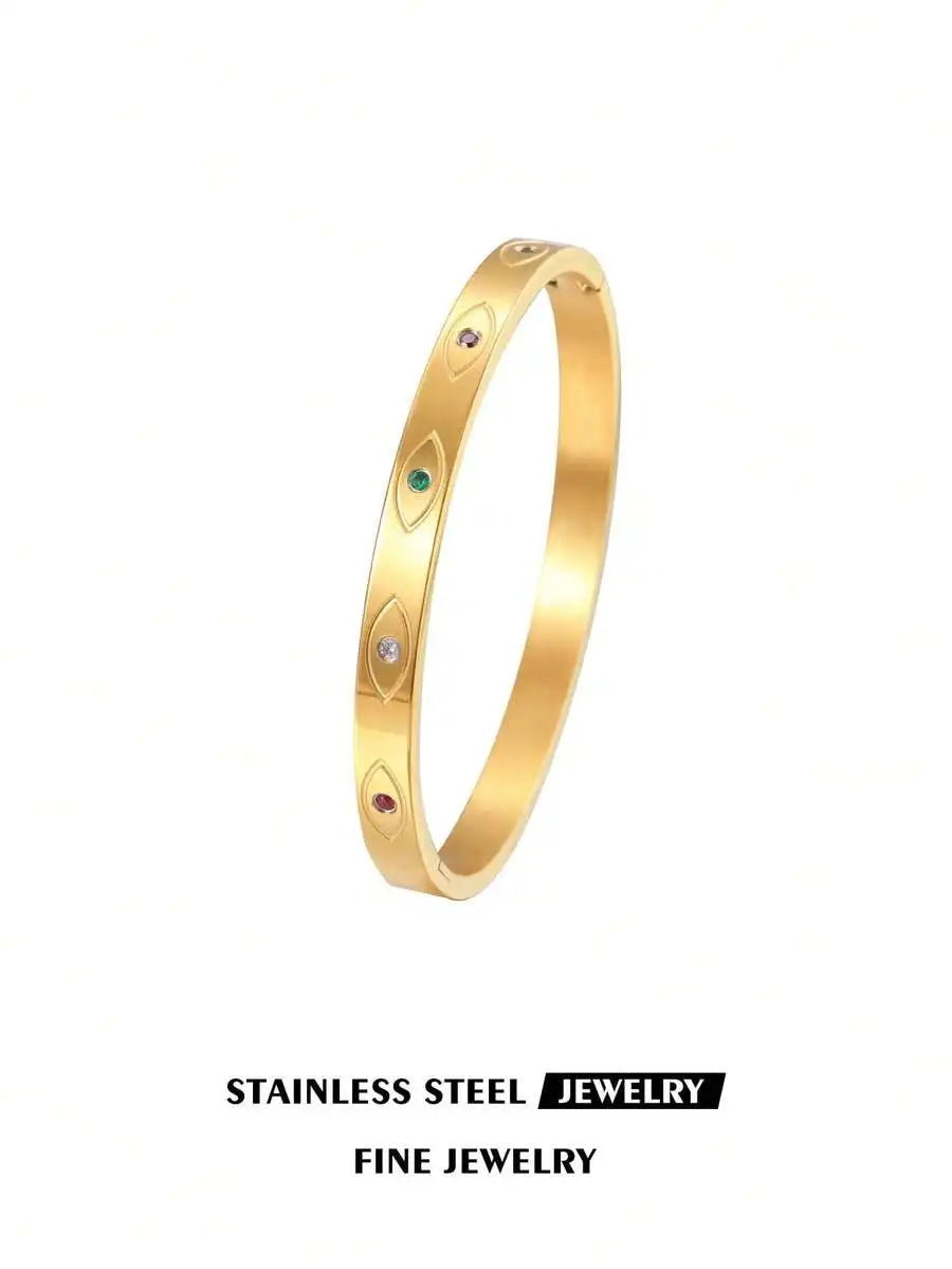 Gold Plated Stainless Steel Evil Eye Cuff Bracelet Bohemian Style For Women