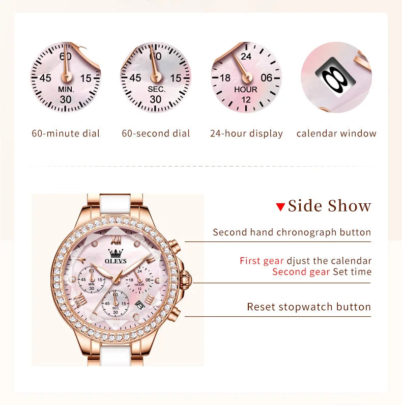 OLEVS 9999 Women Watch Brand Original Elegant Waterproof Chronograph Luxury Ceramic Dress Pink Women Quartz Watch Reloj Mujer mbzr