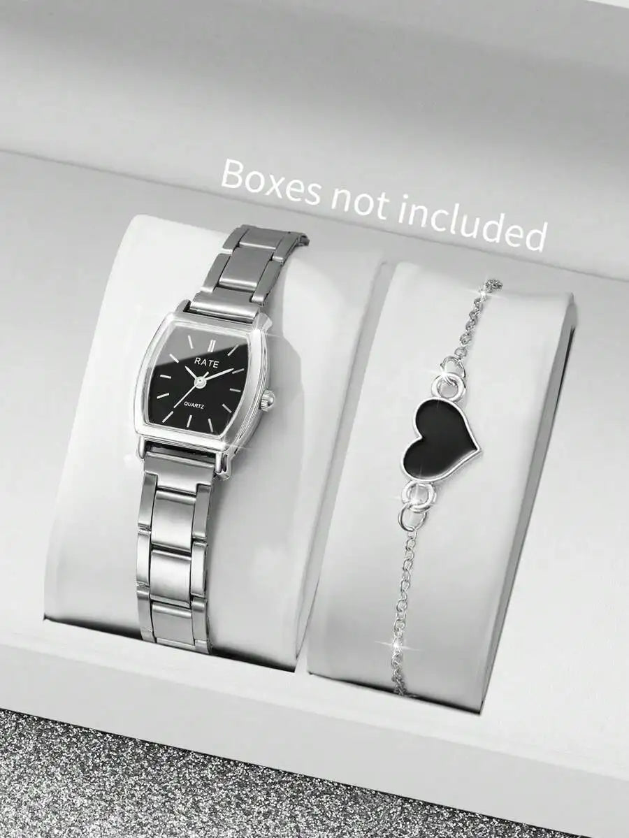 2pcs/Set Women Stainless Steel Band Square Fashion Minimalist Numeric Dial Quartz Watch & Bracelet