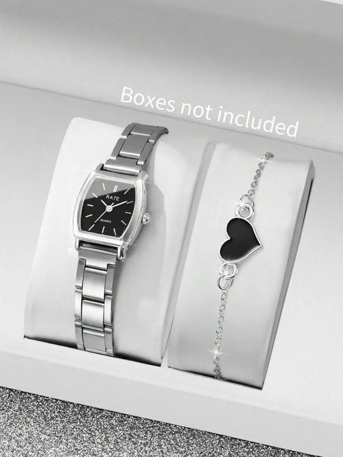 2pcs/Set Women Stainless Steel Band Square Fashion Minimalist Numeric Dial Quartz Watch & Bracelet