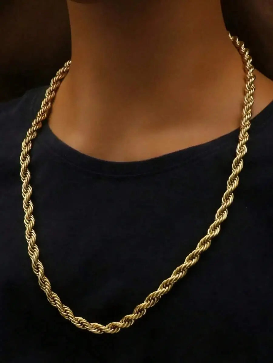7mm Width 60cm Rope Chain Necklace For Men Stainless Steel Gold Tone