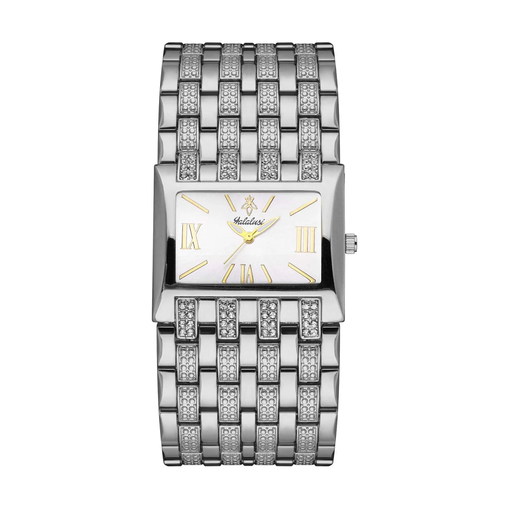 YaLaLuSi Full Rhinestone Square Ladies Watch Silver Metal Strap Gold Roman Dial Luxury Women Quartz Dress Watch