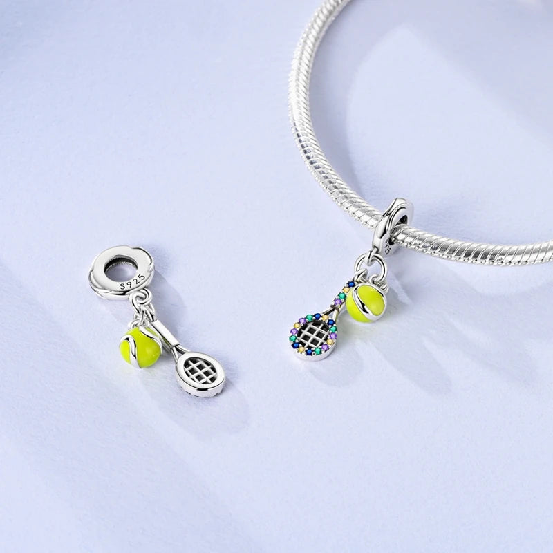 925 Sterling Silver Cute Money Catching Cat Charms Bead Tennis Racket and Ball Pendants Fit Original Bracelet DIY Jewelry Gift mbzr