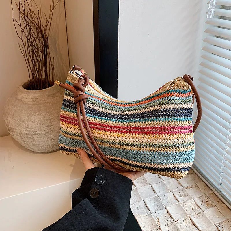 Women's Striped Woven Straw Tote Bag - Lightweight Large Capacity with Detachable Coin Purse & Zip Closure for Beach Vacation mbzr