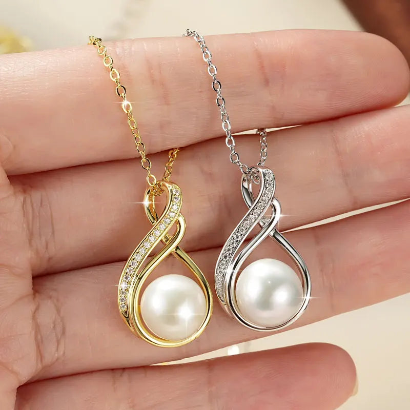 OXTAO Natural Freshwater Pearl Infinity Pendant Necklace Engagement Wedding Anniversary Jewelry Gifts Moissanite Charm Necklaces with Certified