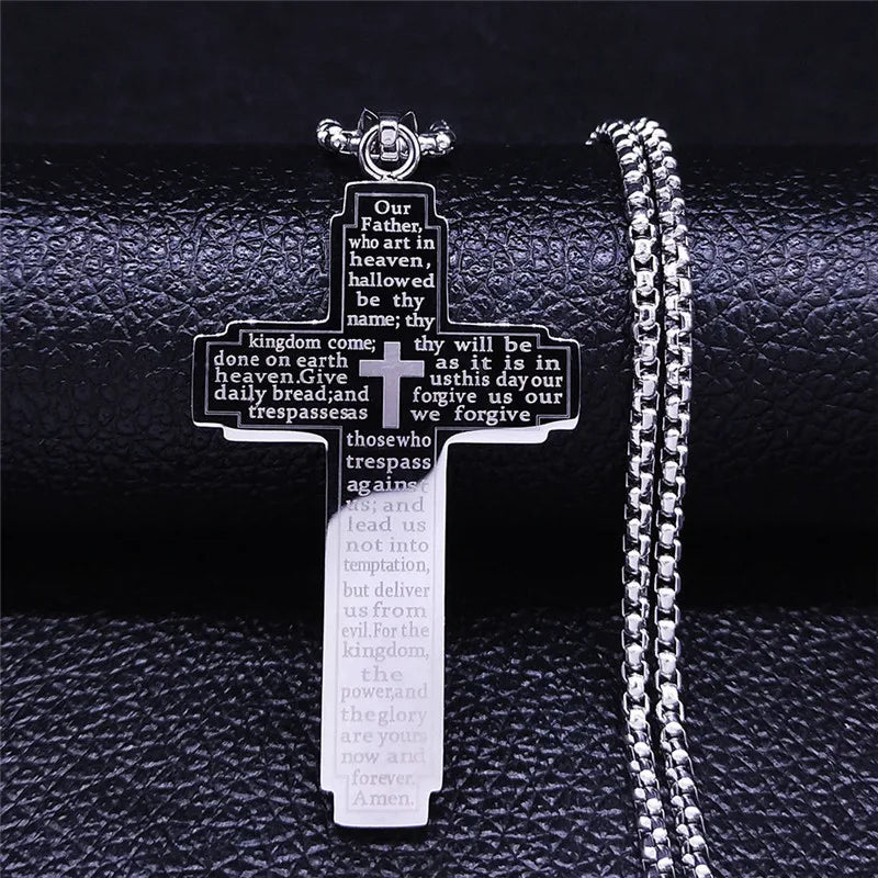 1pc Stainless Steel Cross Pendant Engraved Bible Necklace For Men Women Catholic Prayer Lucky Amulet Jewelry