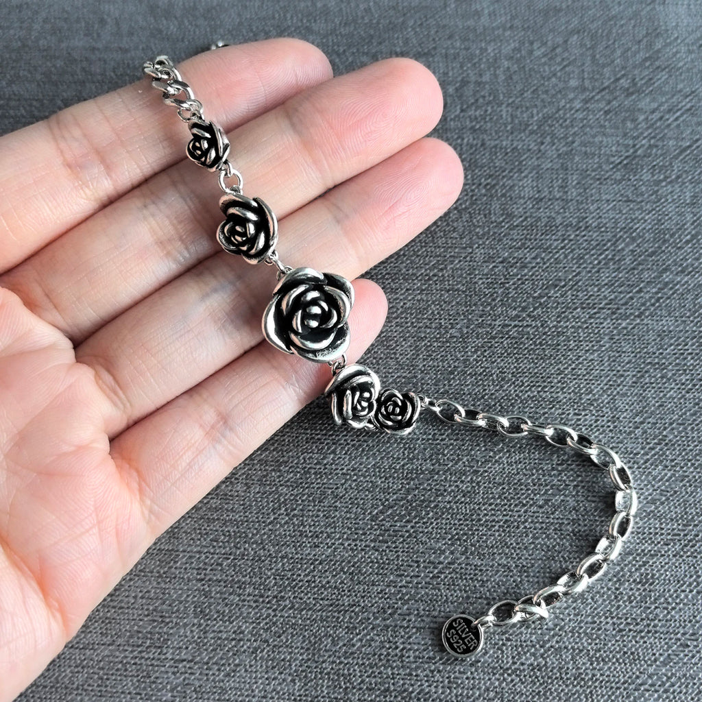 925 Sterling Silver Bracelet Rose Flower Linked Vintage Punk Adjustable Chain For Woman Girl Jewelry Gift Dropship Wholesale