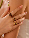3pcs Stainless Steel Golden Vintage Oval Brown Gemstone Ring Set For Women