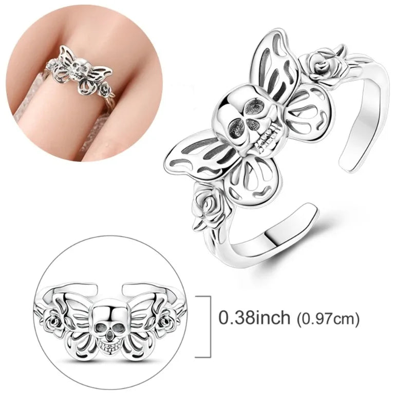 Retro-Style 925 Sterling Silver Open Ring – Hollow Skull & Butterfly, Punk Jewelry Accessory for Women mbzr