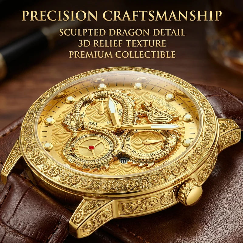 1pcs Men's Gold Leather Band Luxury Business Moon Phase Quartz Watch for Party Holiday Gift mbzr