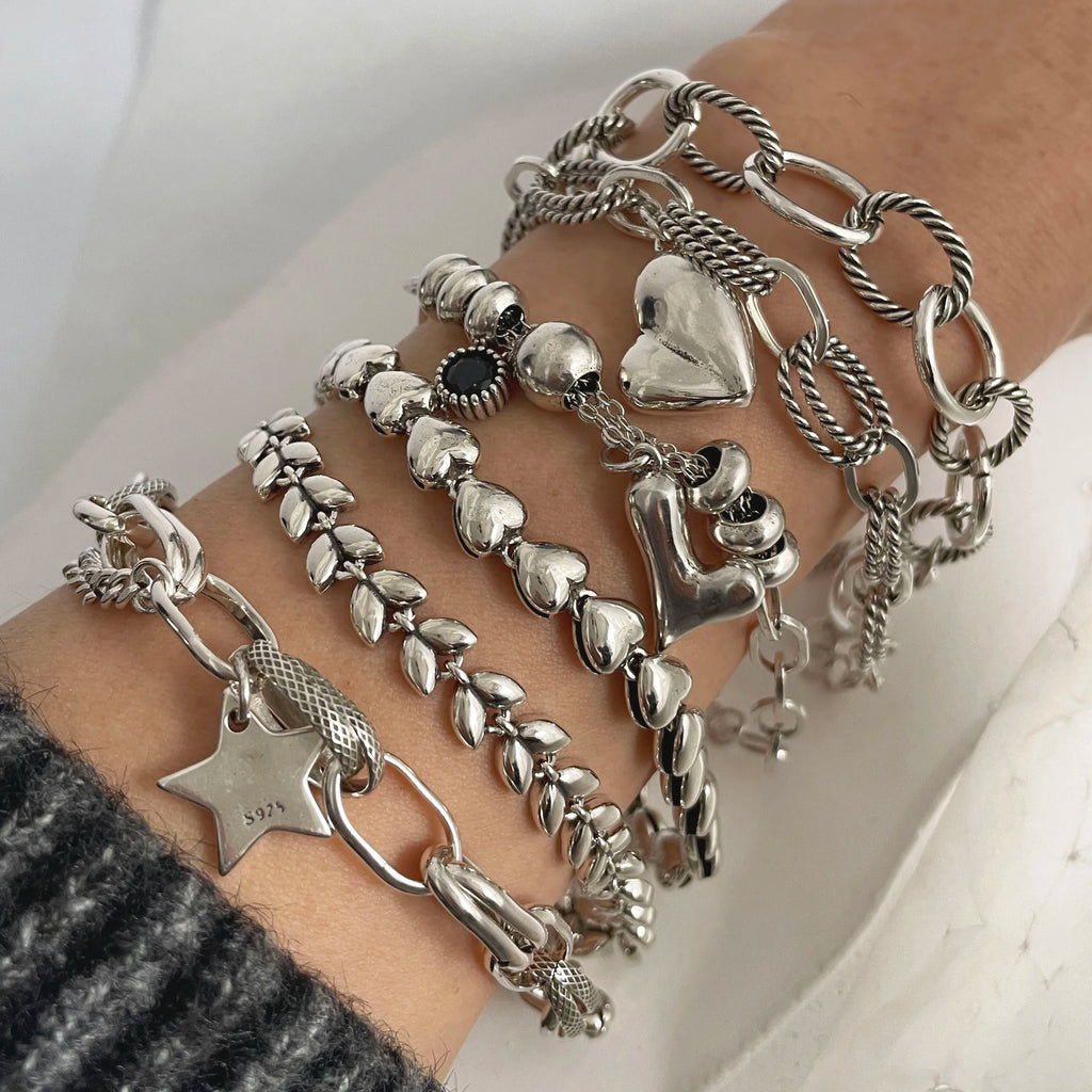 Solid Silver Heart Chain Bracelet Women Vintage Handmade Gift