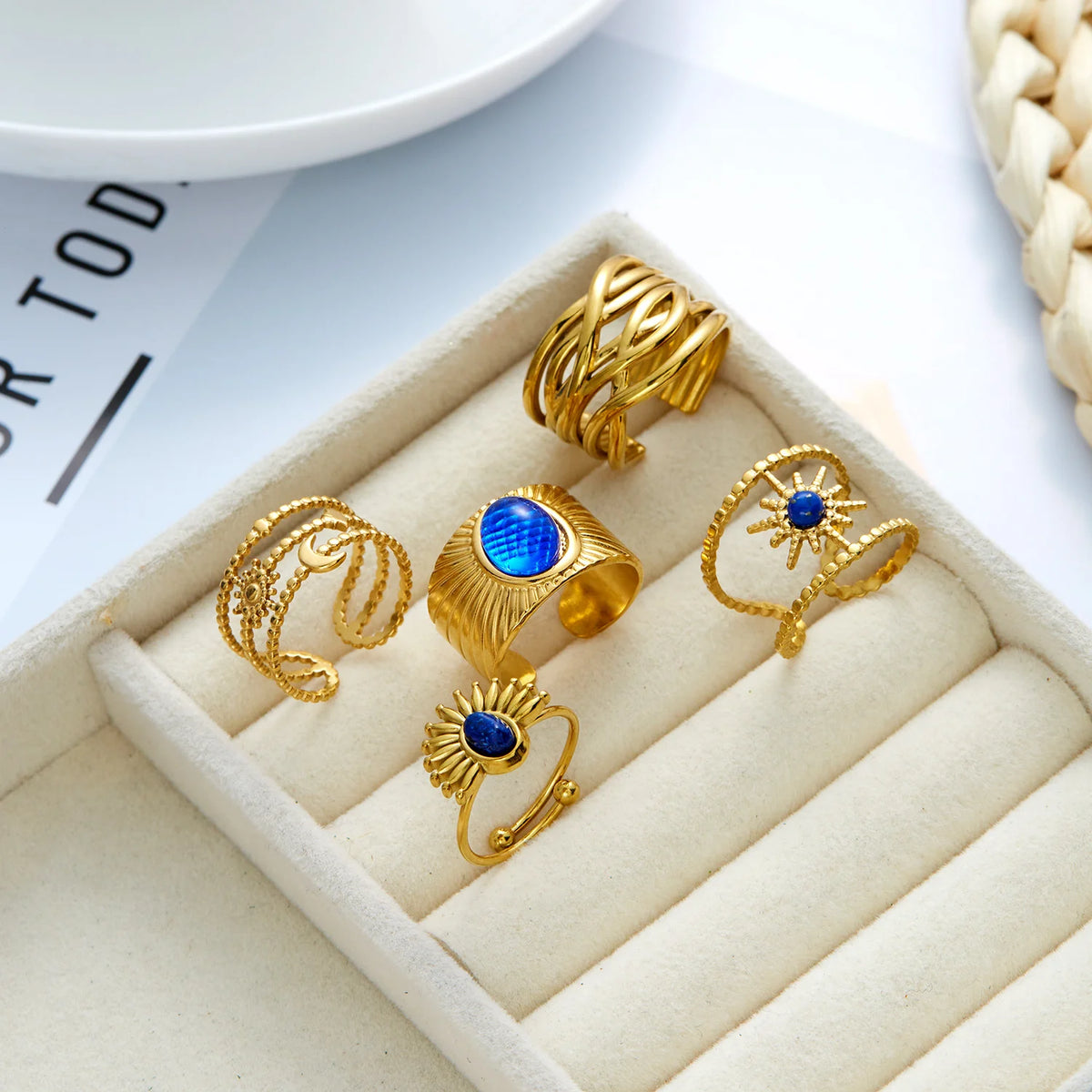 Stainless Steel Vintage Style Sun Eye Sapphire Open Ring French Hollow Star Moon Stacking Finger Rings