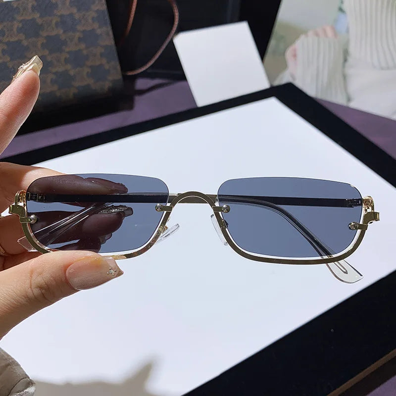 Luxury Brand Metal Half Frame Sunglasses Women Rectangle Shape Rimless Sun Glasses Men UV Protection Retro Punk Y2k Shades UV400 Eyewear
