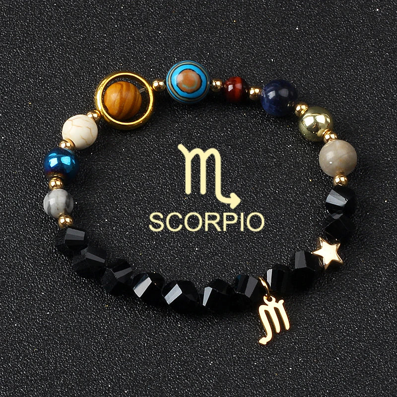 Universe Galaxy Eight Planets 12 Constellation Bracelets for Women Natural Stone Solar System Bracelets Libra Virgo Leo Jewelry