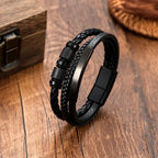 Chunky Leather Bracelets for Men Boys,Multi-layer Bracelets with Stainless Steel Bend Tag,Casual Jewelry Gift to Father Husband