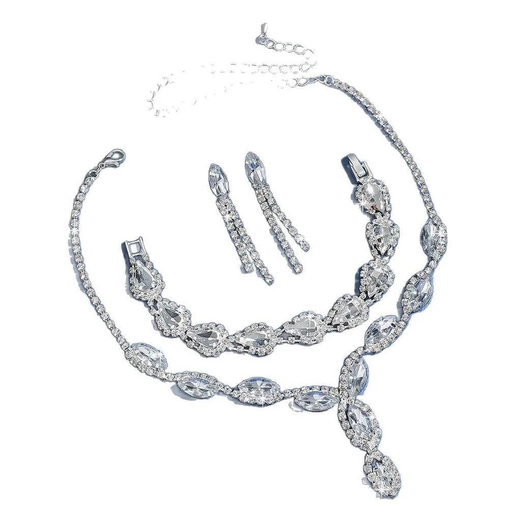 Hot Selling Fashion Jewelry Popular Jewelry Set Full Diamond Claw Chain Bridal Necklace Earrings Bracelet Jewelry