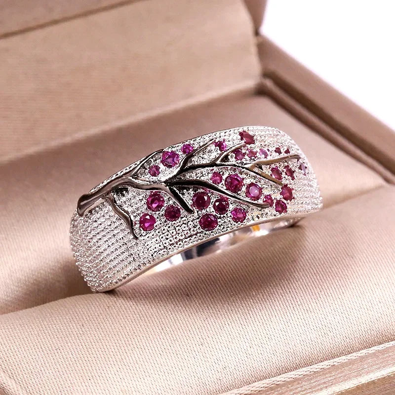 S925 Silver Plated Plum Blossom Ring for Women Classic Stainless Steel Diamond Inlay Oil Drawing Lady's Jewelry Size 6-11