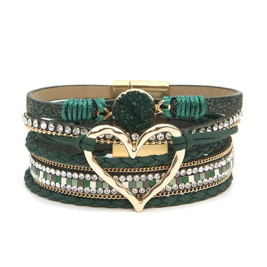 Layered PU Leather Heart Charm Wrap Bracelet With Magnetic Closure For Women, Boho Style, All Season Accessory mbzr