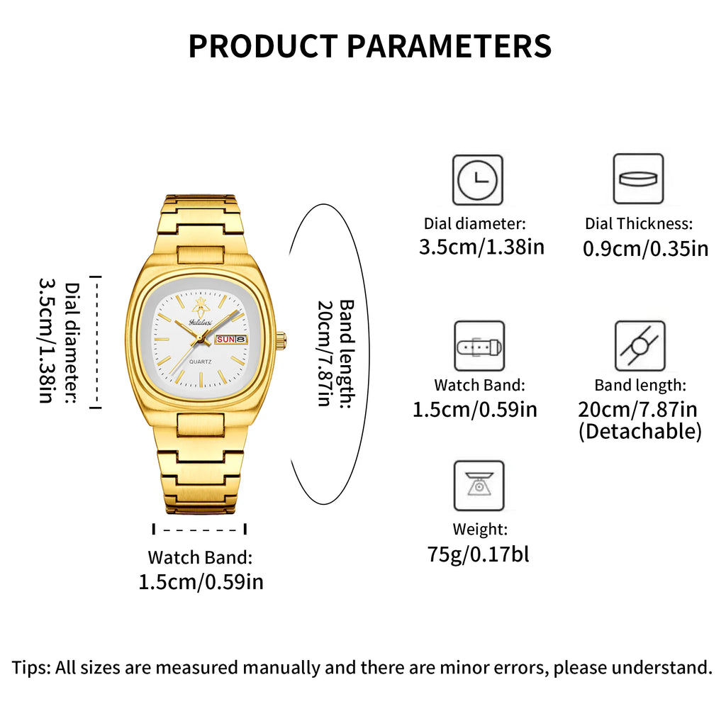 YaLaLuSi Vintage Tonneau Square White Dial Women Watch Day Date Display Brushed Solid Link Gold Bracelet Quiet Luxury Waterproof Ladies Quartz Wristwatch For Office Daily Commute