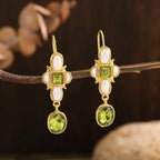 Dainty Green Peridot Pearl Cross Drop Earrings Trendy Gold Plated Oval Gemstone Ear Hook Earrings Minimalist Fine Jewelry Birthday Gift for Women