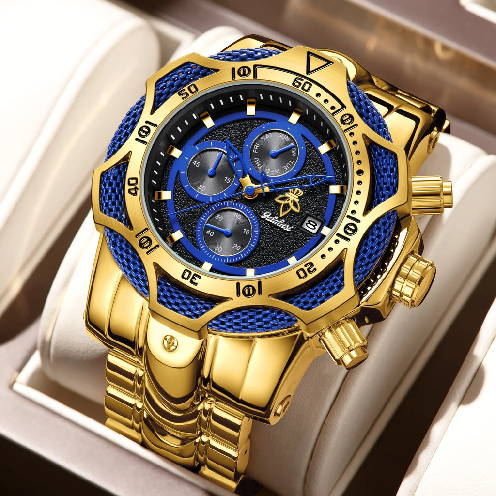 YaLaLuSi Two Tone Gold Red Mens Racing Wristwatch Large Rugged Case Multi-Function Chrono Timer Luminous Indices Polished Metal Band Fashion Quartz Watch For Workout Motorcycle Camping