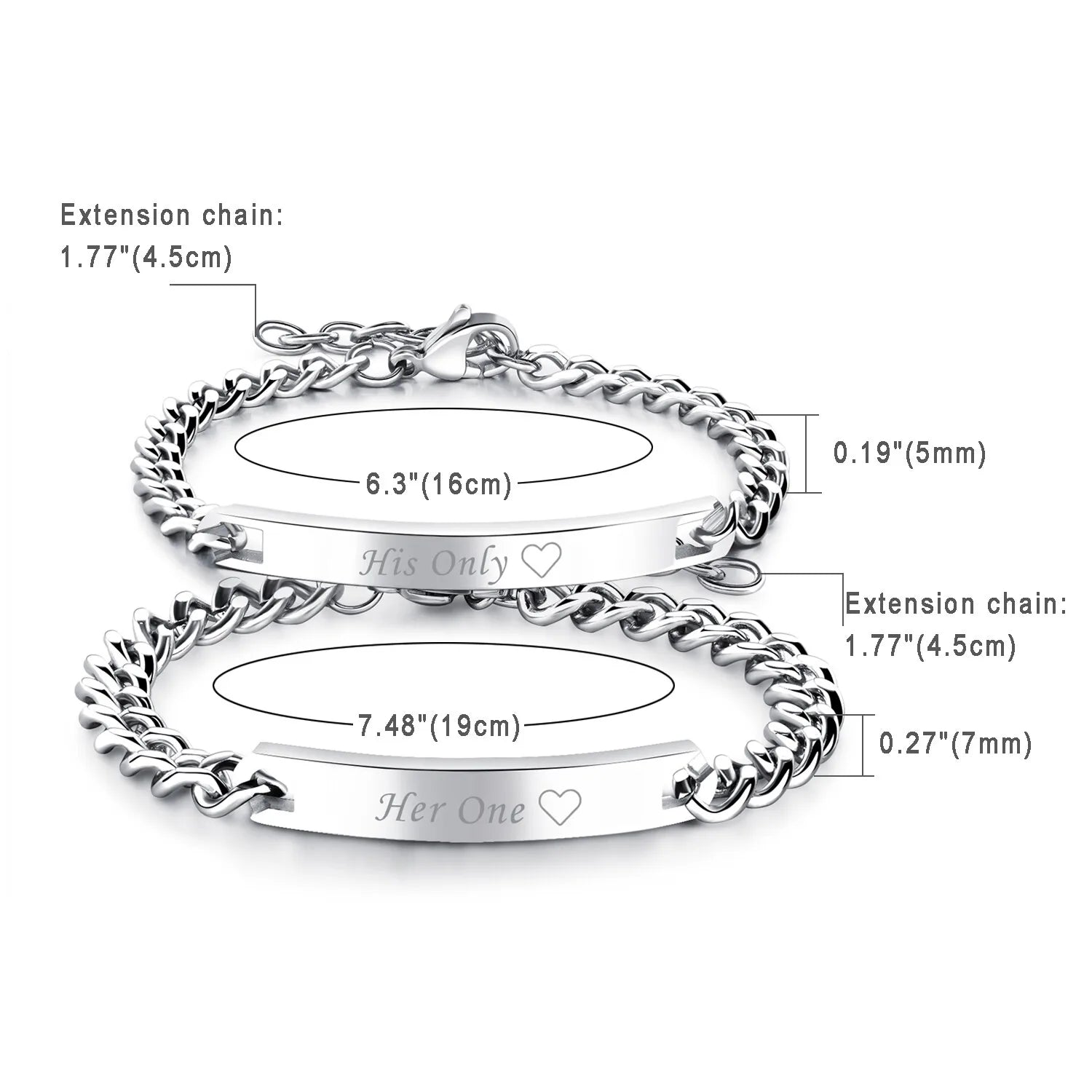 2pcs Couples Men Women Polish Stainless Steel "His Only""Her One" Bracelet Chain