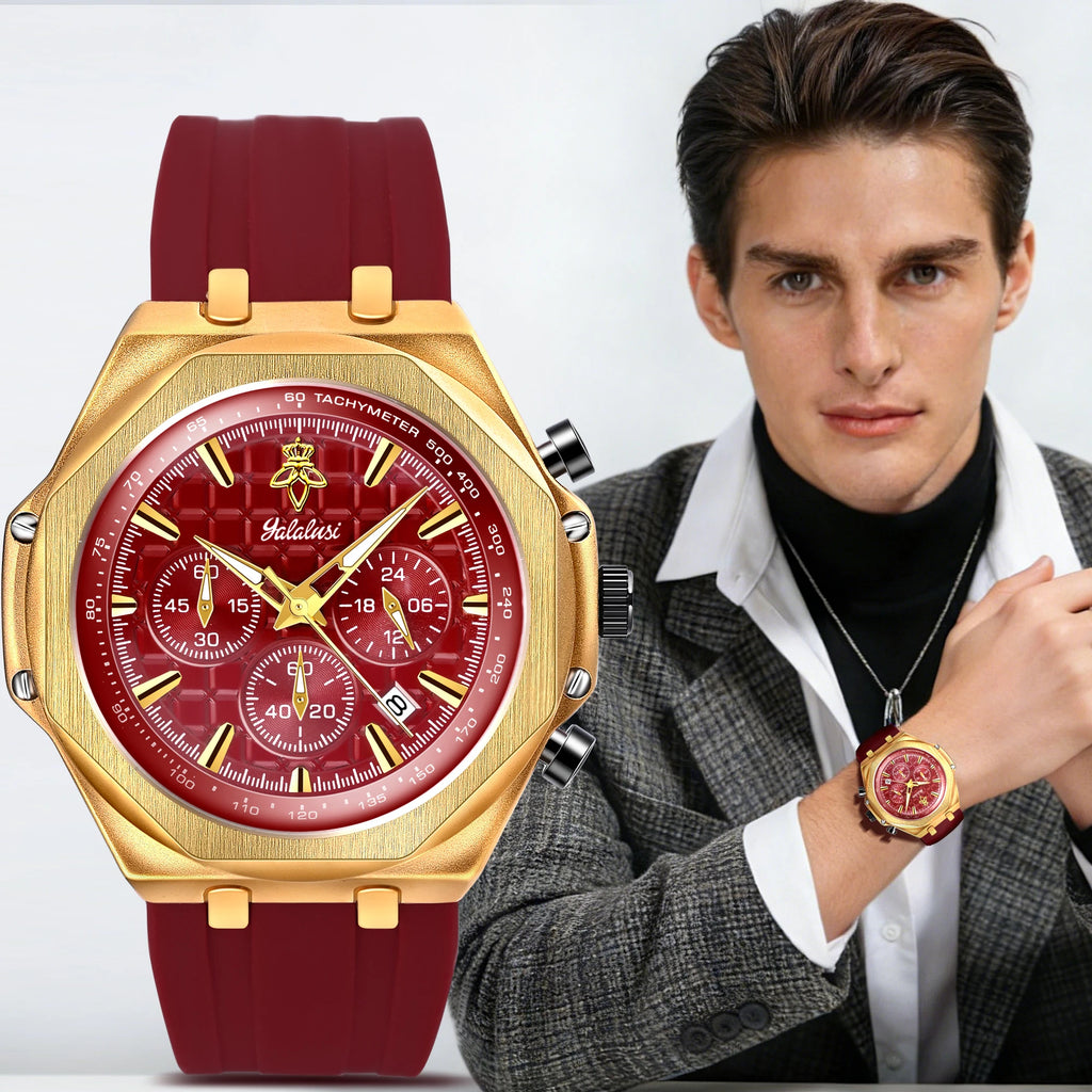 YaLaLuSi Octagon Gold Case Men Chronograph Watch Burgundy Red Grid Dial Silicone Strap Tachymeter Multi Sub Dial Date Waterproof Sports Quartz Wristwatch