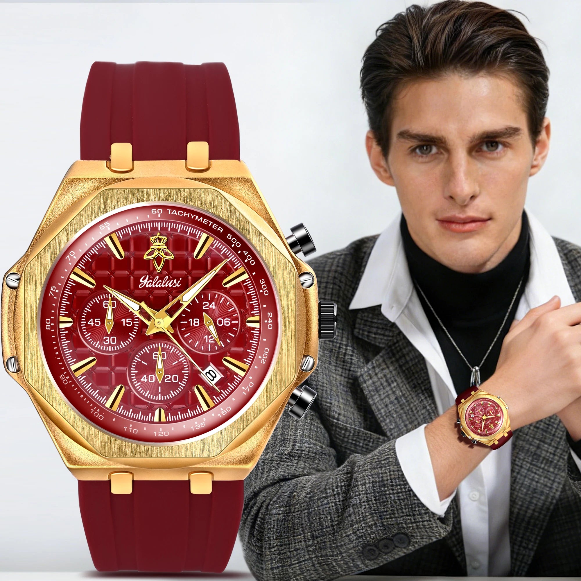 YaLaLuSi Octagon Gold Case Men Chronograph Watch Burgundy Red Grid Dial Silicone Strap Tachymeter Multi Sub Dial Date Waterproof Sports Quartz Wristwatch