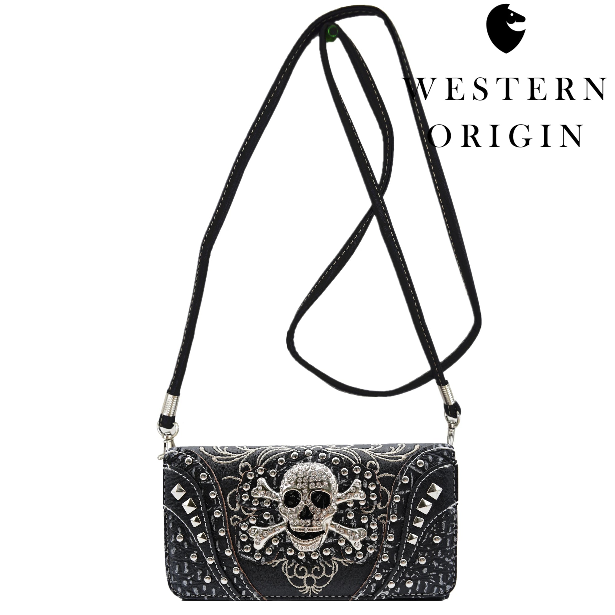Punk Gothic Rock Metallic Skull Day of the Dead Floral Sugar Skull Leather Purse Women Handbag Shoulder Bag Wallet Set