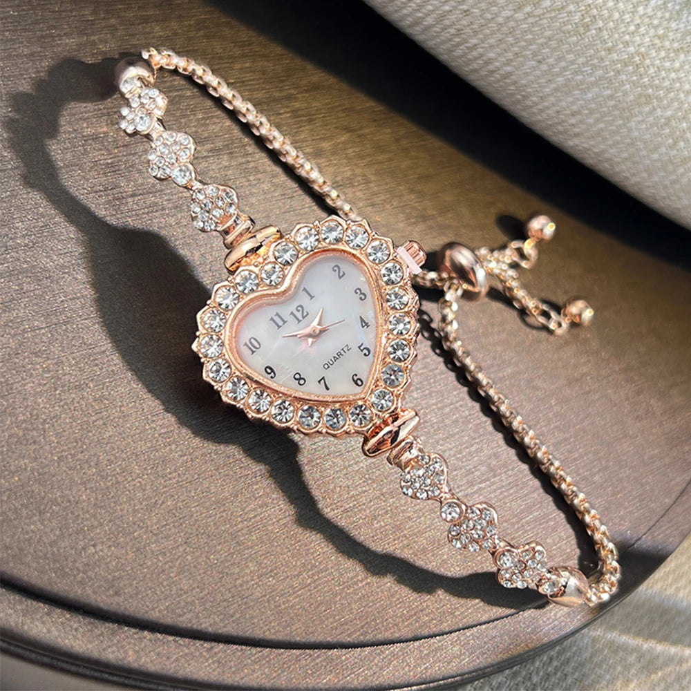 New Fashion Heart-shaped Ribbon-Strap Diamond-Studded Flower Watch for Women with Adjustable Bracelet mbzr
