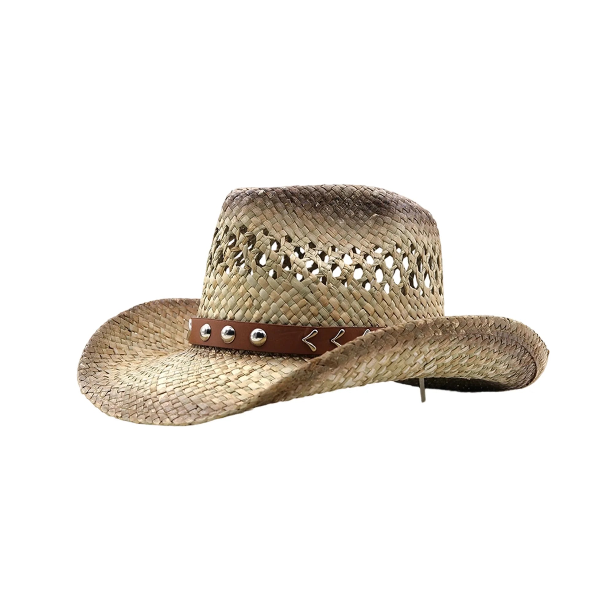 Vintage Cowboy Hat Wide Brim Western Straw Hat with Studded Belt Classic Style