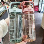 2L Straw Water Bottle Large Capacity Plastic Water Cup Portable Drink Bottle With Time Marker For Outdoor Sports mbzr