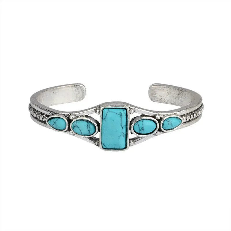 Wu's 2022 New European and American Bohemian Style Retro Turquoise Carved Hollow Geometric Bracelet Opening Adjustable Bracelet