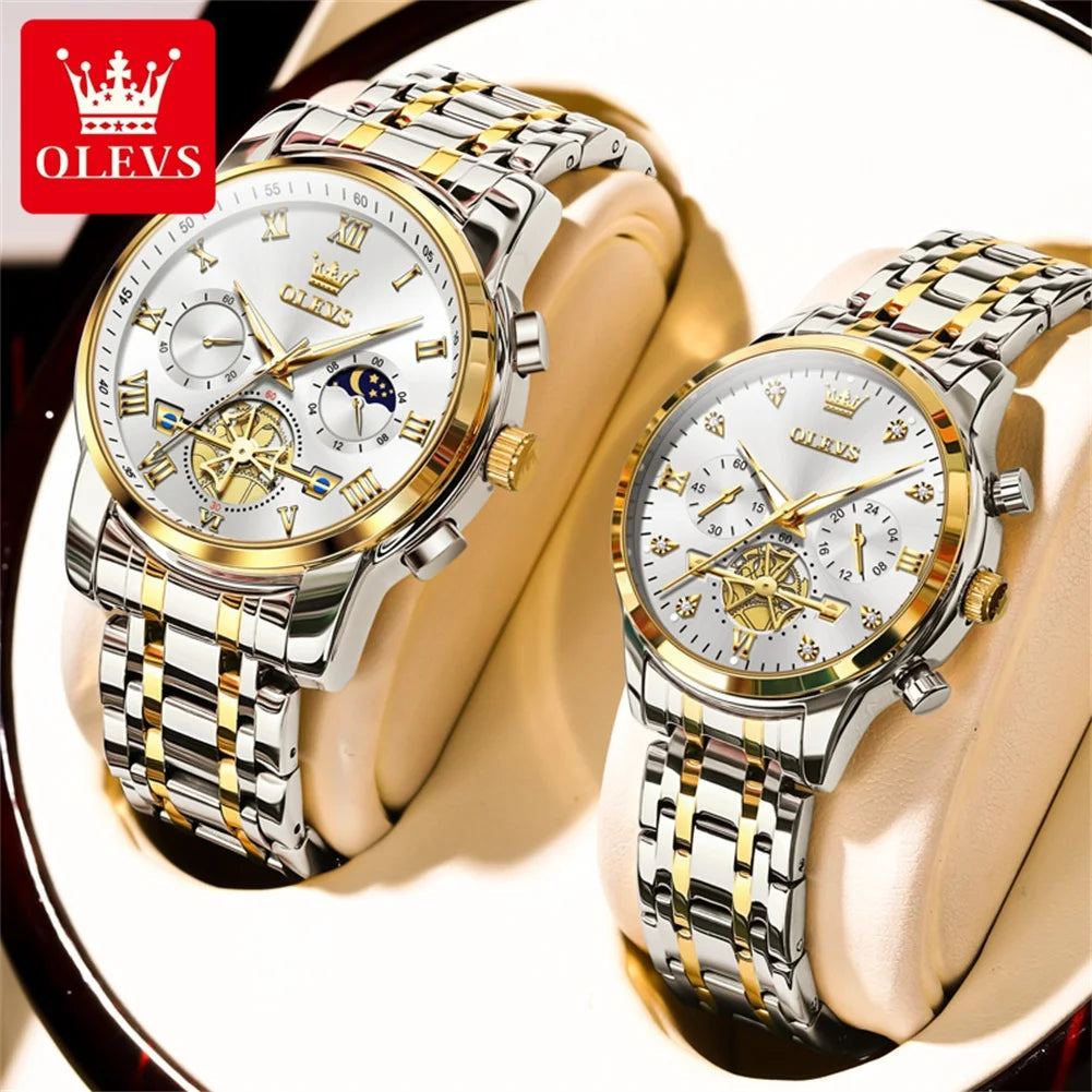 OLEVS Quartz Couple Watch Luxury Brand Waterproof Lunar Phase Timing Code Watch Elegant and Romantic Lover His  Her Couple Watch mbzr