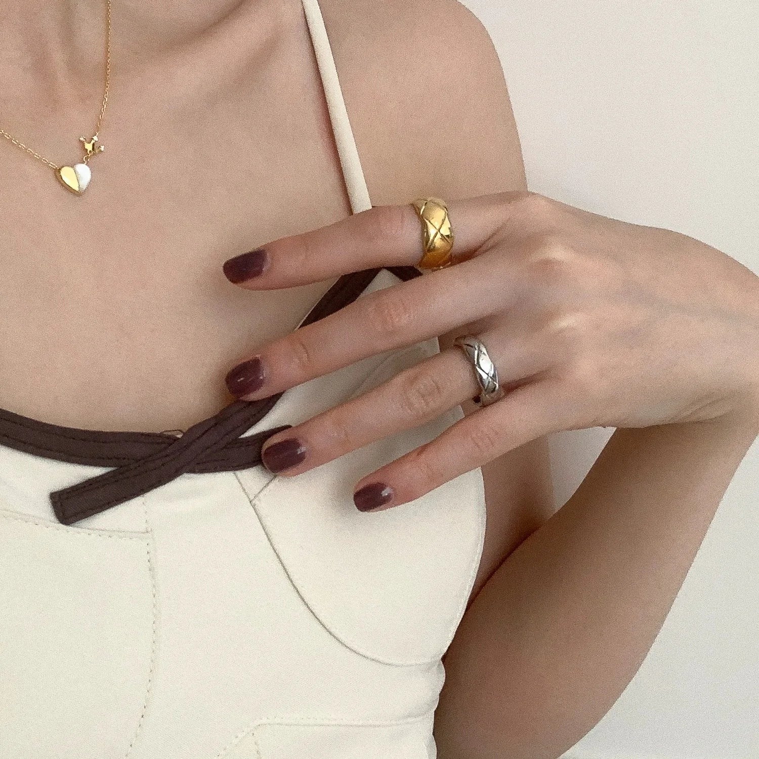 Stainless Steel Rhombus Textured Wide Band Ring, Crisscross Groove Matte Polished Ring, Gold & Silver Two Tone Minimalist Stackable Ring for Women